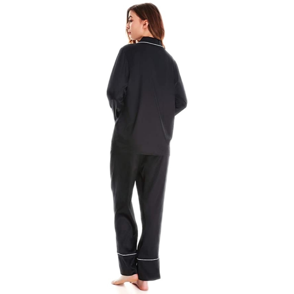 NWT HOdo Women's XL Navy & White Contrast Silky Satin Button Pajamas Set - Picture 3 of 7